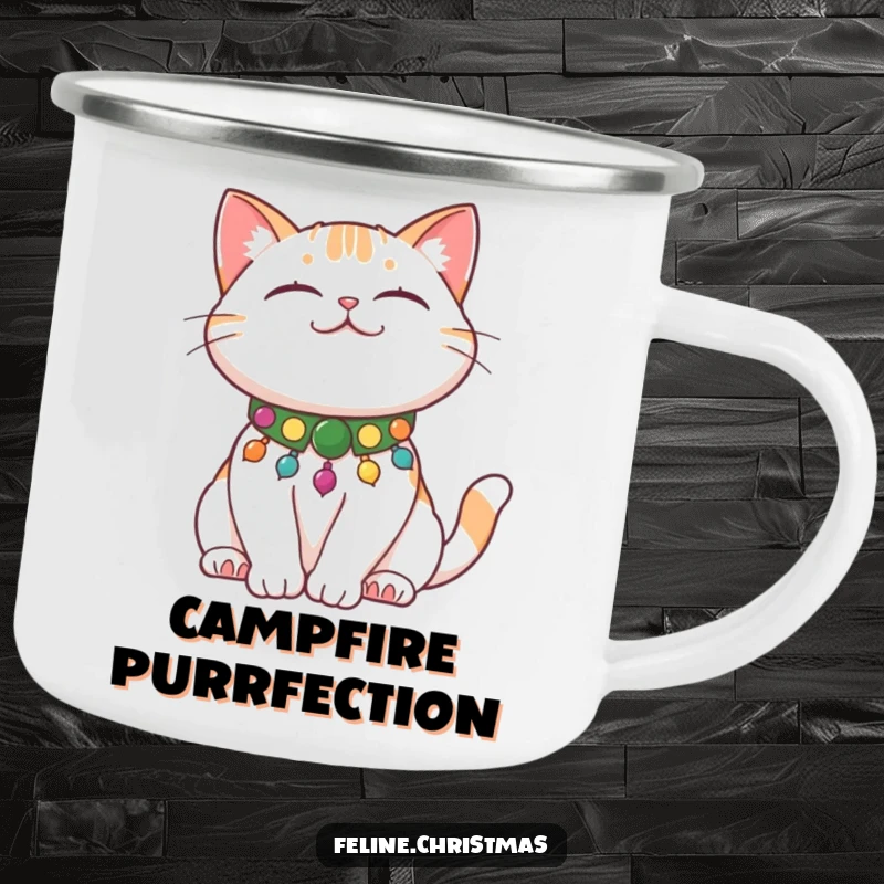 Funny Cat Stretch Camping Mug showing a content cat with a festive collar stretching, outdoor relaxation.
