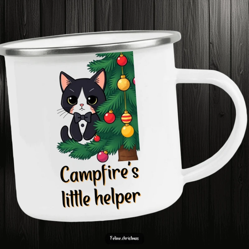 Funny tuxedo cat Christmas camping mug, a cute cat peeking from behind a tree, perfect for outdoor holiday enjoyment.