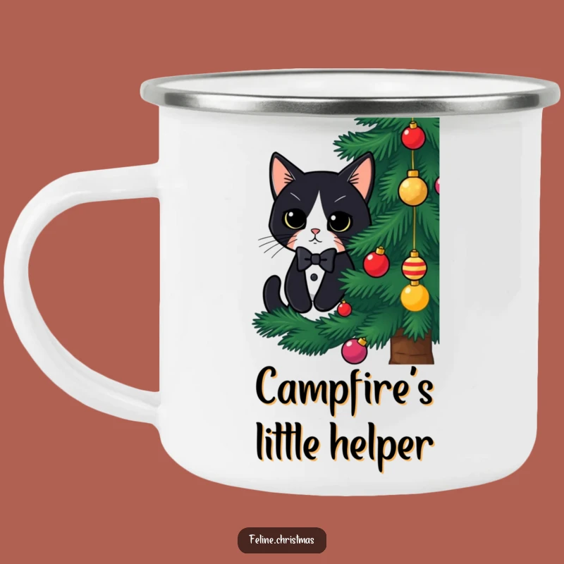 Funny Tuxedo Cat Christmas Camping Mug: Hidden Kitty Behind Tree, Outdoor Holiday Gift