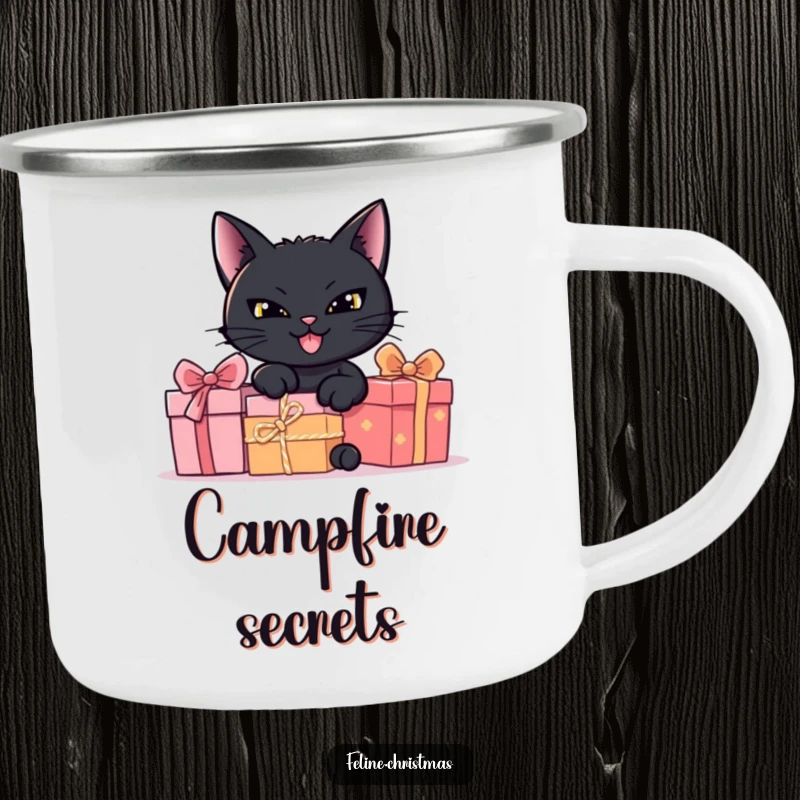 Funny black cat with a mischievous grin hiding behind presents on a camping mug.