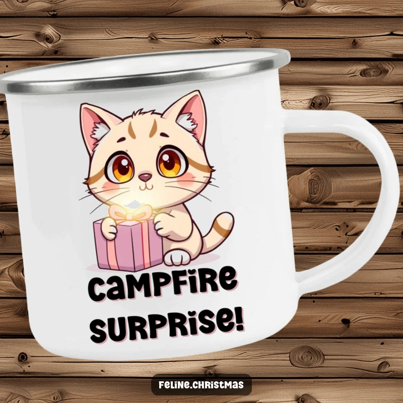 Funny Cat Surprise Camping Mug showing a wide-eyed cat surprised by a glowing present, outdoor humor.