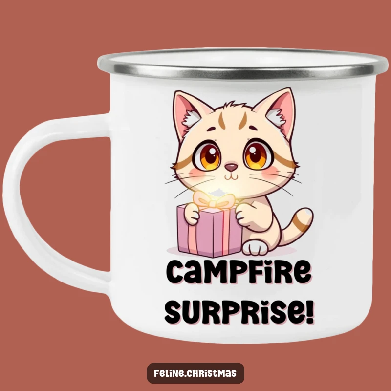 Funny Cat Surprise Camping Mug: Enjoy Outdoors with Wide-Eyed Kitty's Glowing Present