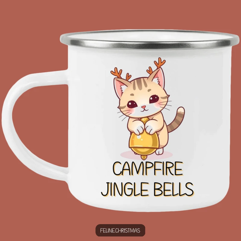 Funny Cat Antlers Camping Mug: Enjoy Outdoors with Playful Kitty's Jingle Bell Fun