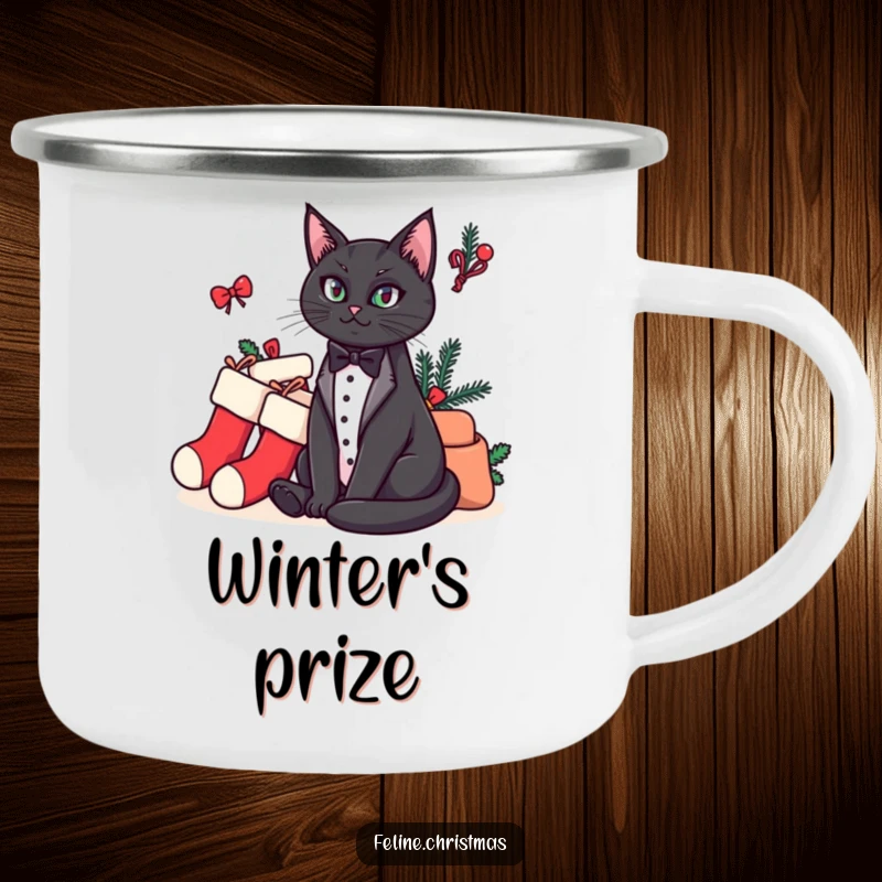 Funny camping mug with a regal tuxedo cat sitting regally near a pile of Christmas stockings, perfect for outdoor humor.