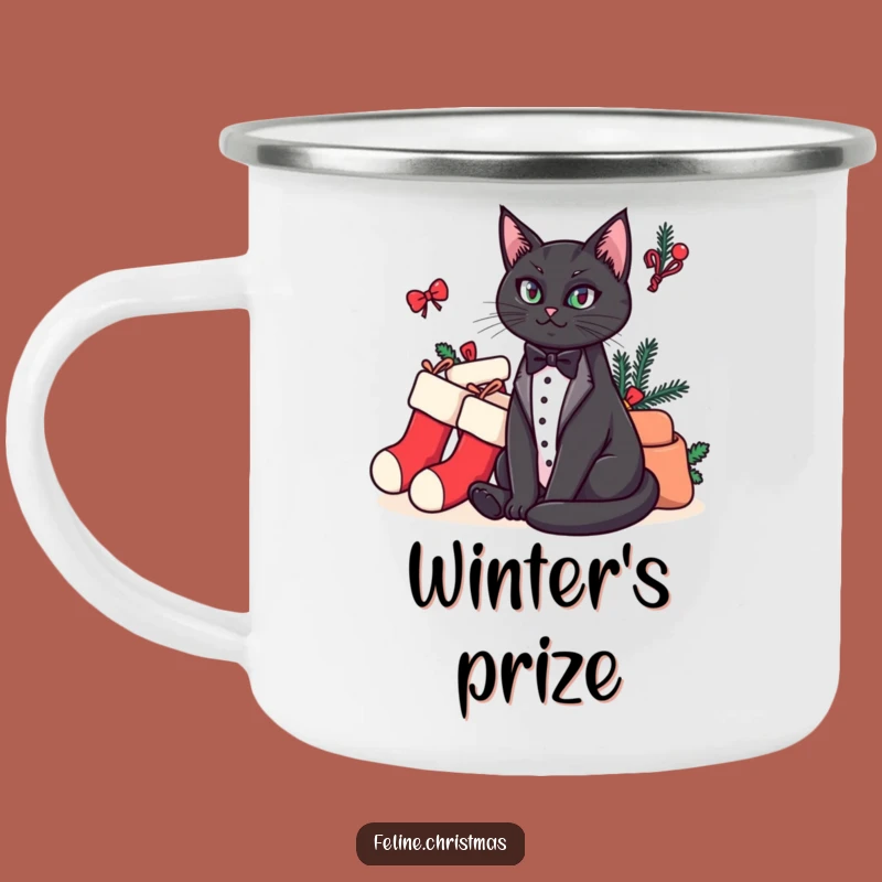 Funny Cat Camping Mug: Regal Tuxedo Cat & Stocking