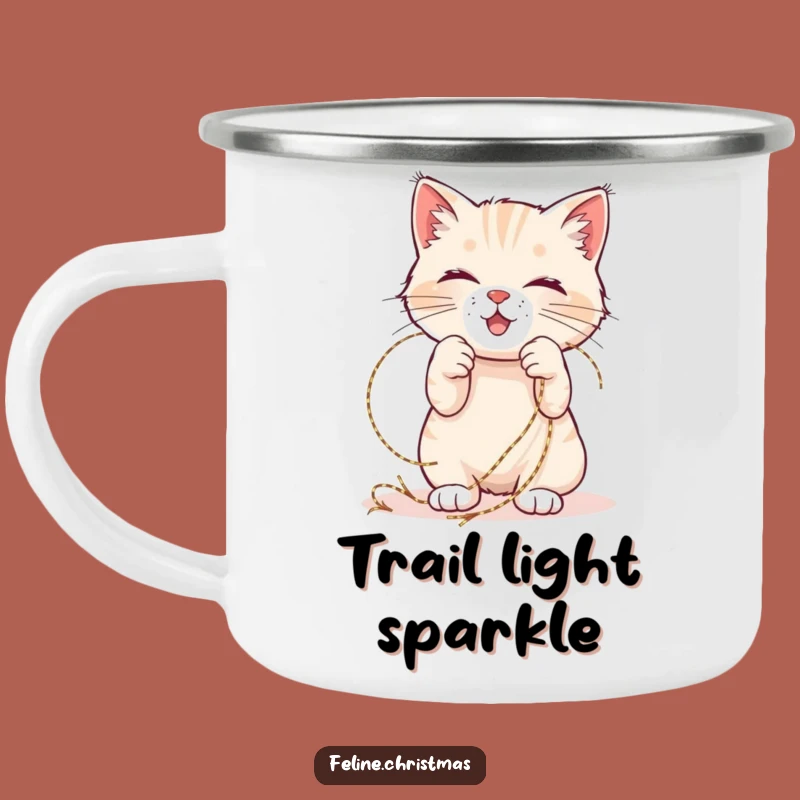 Funny Cat Tinsel Camping Mug: Playful feline tangled, a hilarious outdoor gift.