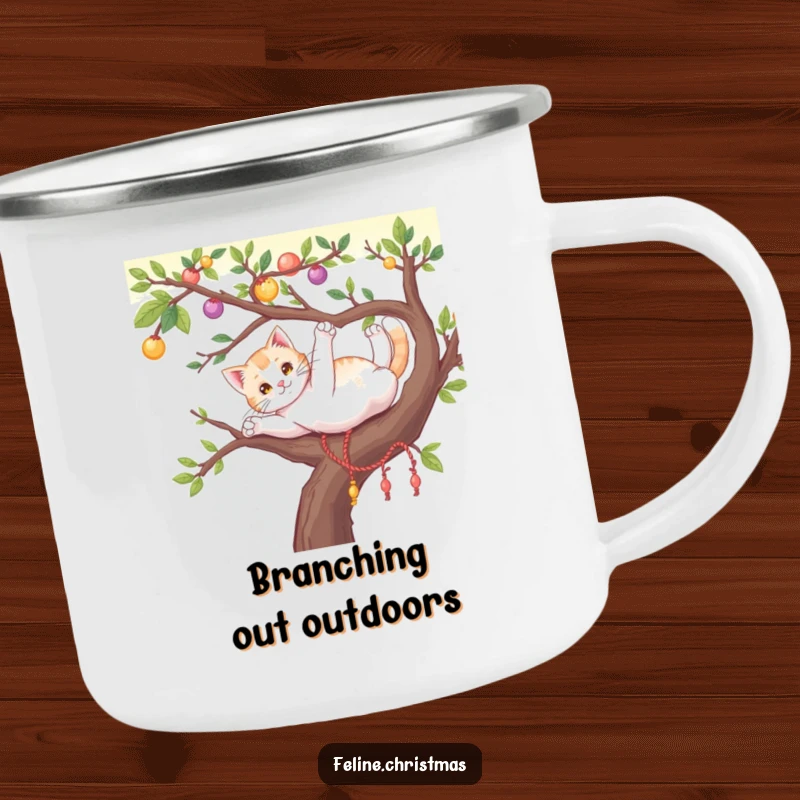 Funny cat gracefully stretching on a decorated Christmas tree branch, depicted on a sturdy camping mug.
