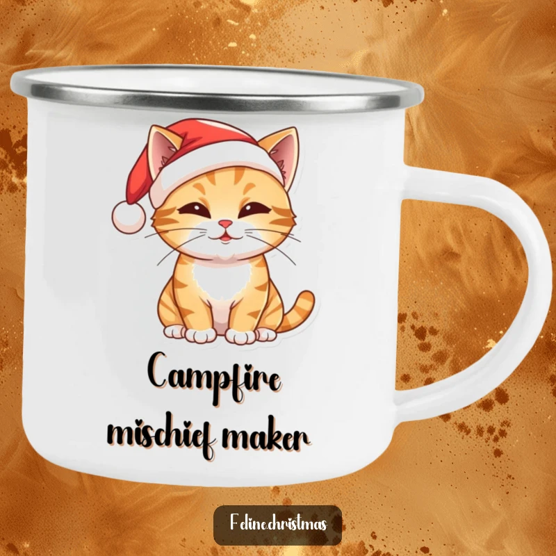 Funny camping mug with a Christmas cat in a Santa hat, batting playfully, durable and humorous for holiday adventures.