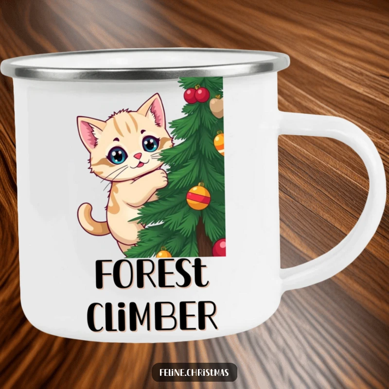 Funny Kawaii Cat Camping Mug: A cat attempts to climb a Christmas tree, bringing funny festive vibes to outdoor adventures.