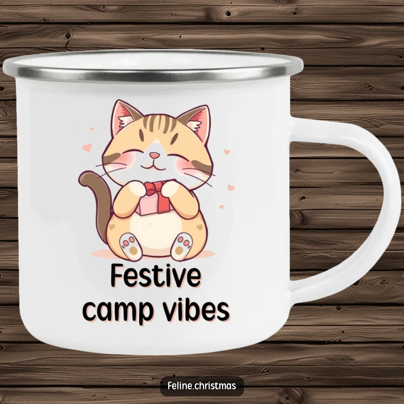 Funny camping mug with a contented cat rubbing against a holiday gift, ideal for outdoor humor and beverages.