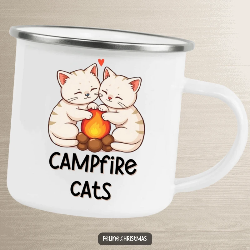 Funny Kawaii Cats Camping Mug: Two cats snuggle by a hearth, bringing funny cozy vibes to outdoor adventures.