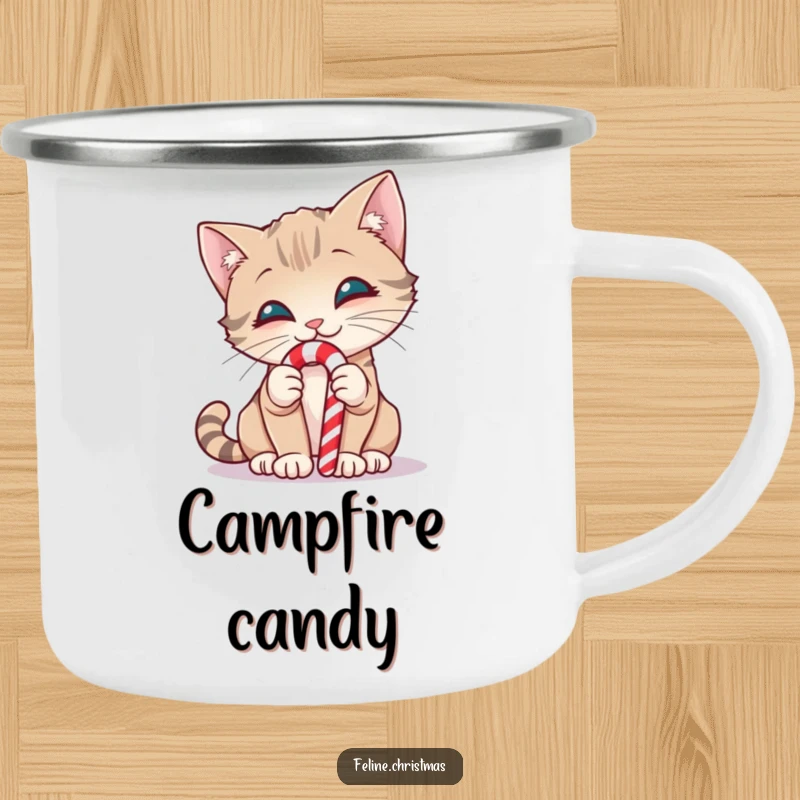 Funny camping mug with a smiling cat curiously sniffing a candy cane, perfect for holiday camping.