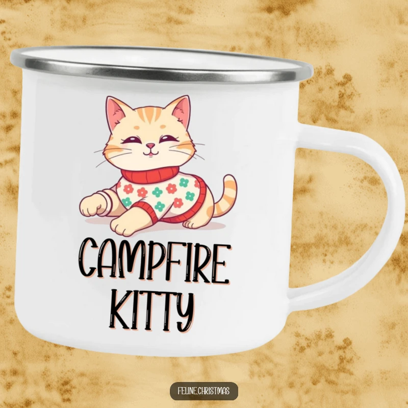 Funny camping mug with a cute cat in a festive sweater, stretching leisurely, ready for outdoor comfort.