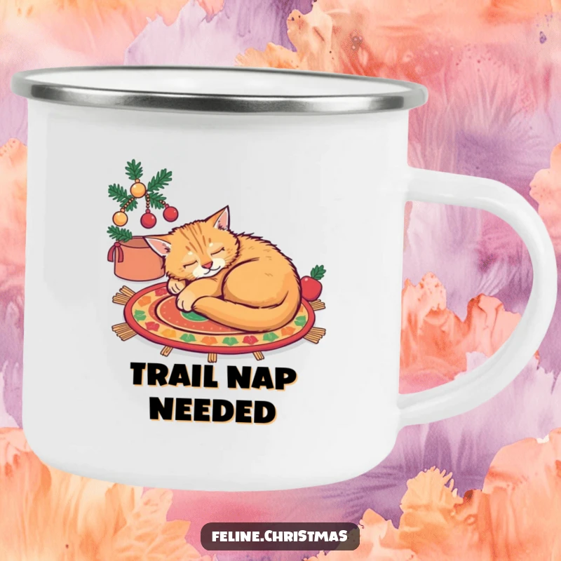 Funny ginger cat asleep on a festive rug on a camping mug, for relaxing adventures.