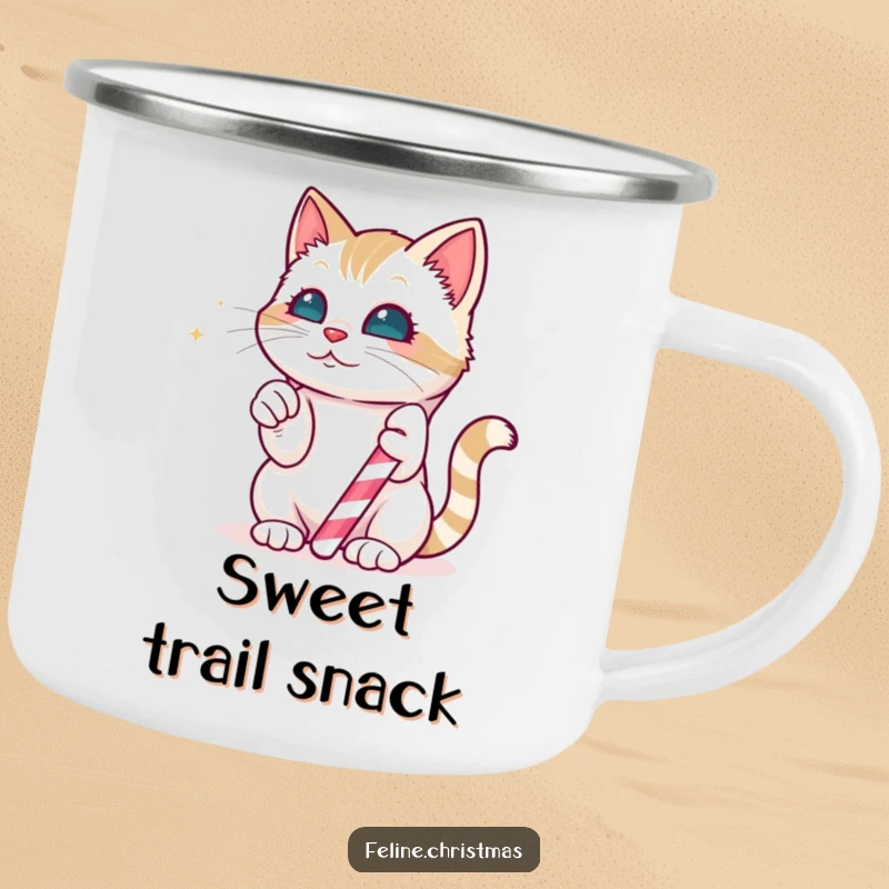Funny Camping Mug: Kawaii cat playfully batting at a magical, edible candy cane, ready for festive outdoor enjoyment.
