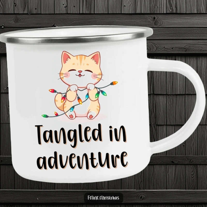Funny Camping Mug: Kawaii cat playfully wrestling with a string of festive Christmas lights, ready for outdoor adventures and fun.