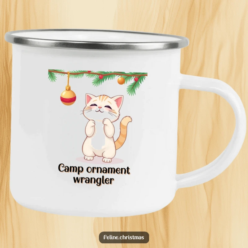 Funny kawaii cat playfully batting at a dangling Christmas ornament, on a durable camping mug.