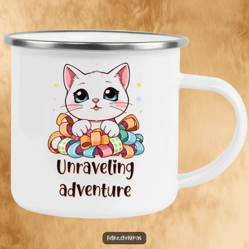 Funny camping mug with a kawaii cat, big curious eyes peeking from festive ribbon, for cute outdoor moments.