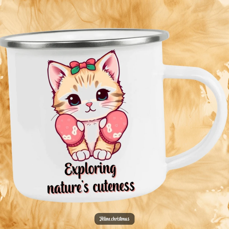 Funny kawaii camping mug with a kitten wearing festive mittens, looking curious, durable and cute for outdoor enthusiasts.
