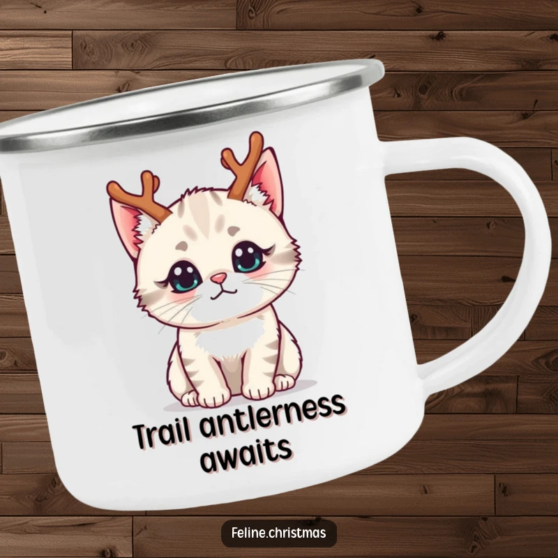Funny kawaii cat wearing tiny reindeer antlers with a curious expression, on a durable camping mug.