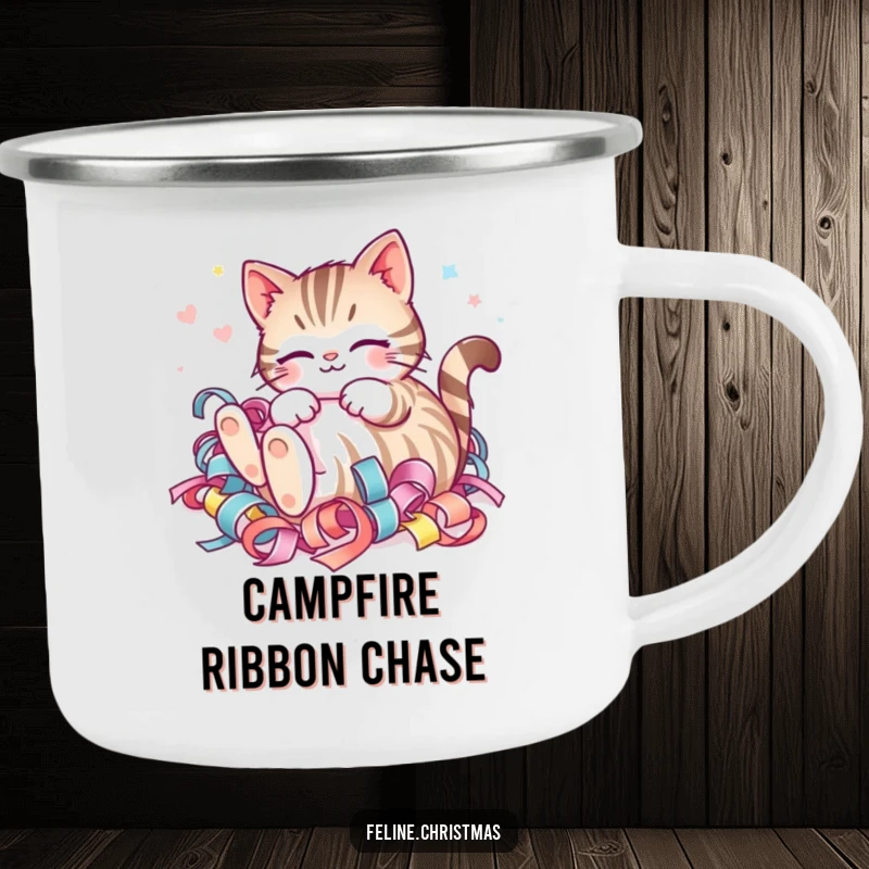 Funny Kawaii Striped Cat Ribbon Camping Mug: Happy cat joyfully rolling in festive ribbon, perfect for outdoor enjoyment.