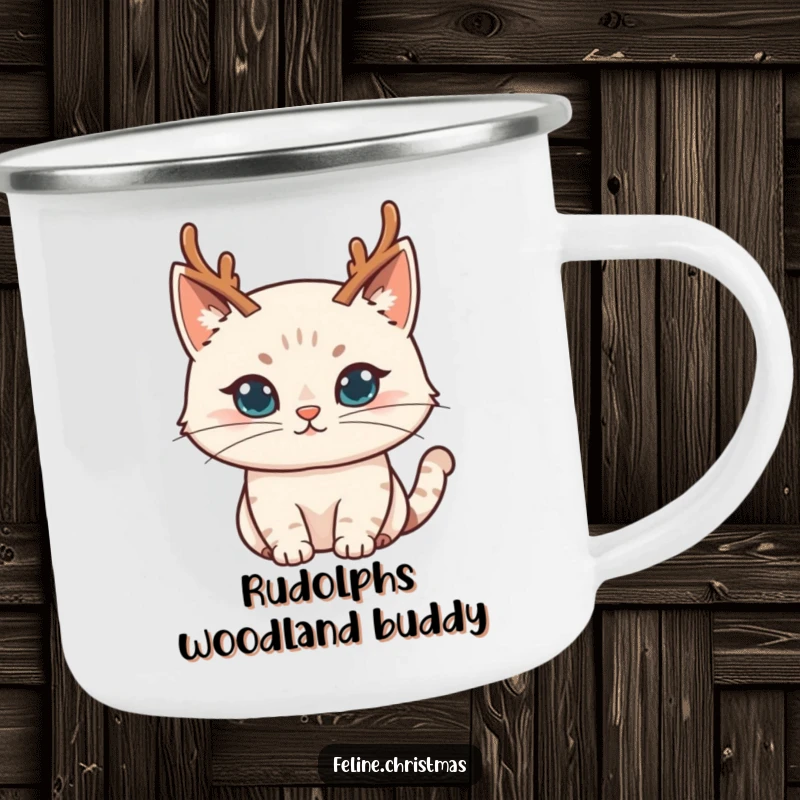 Funny cat character wearing small, festive reindeer antlers and a mischievous smirk, depicted on a sturdy camping mug.