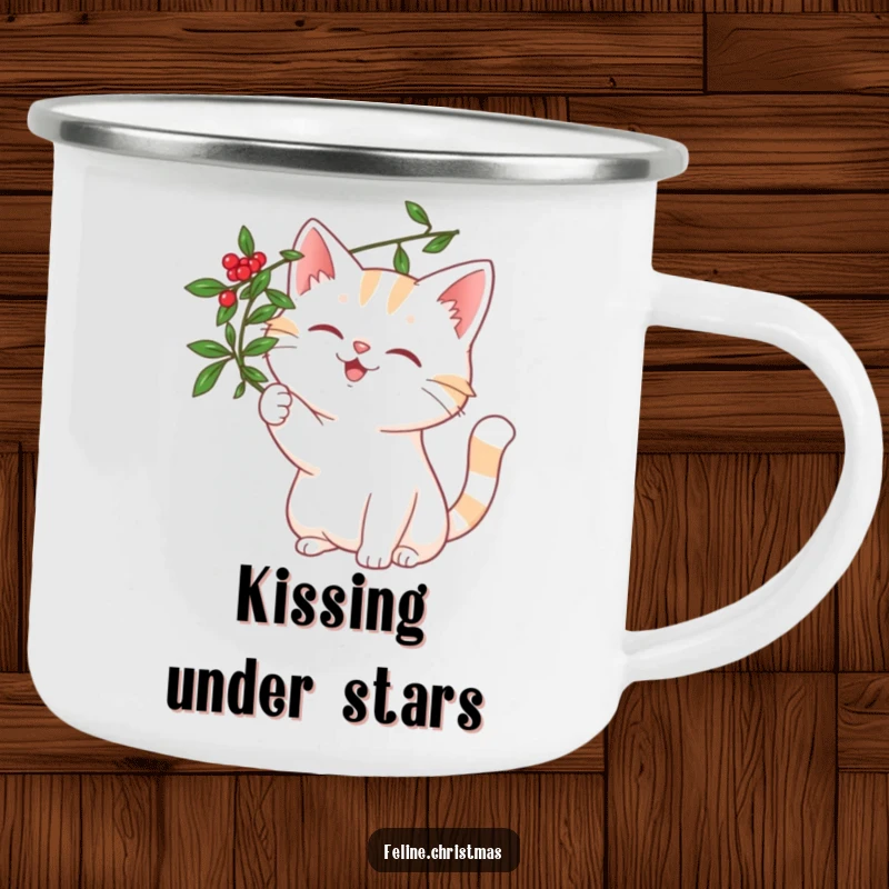 Funny cat with a joyful smile, playfully reaching for a mistletoe sprig, depicted on a sturdy camping mug.