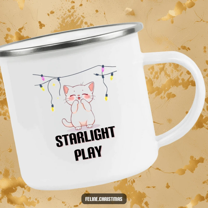 Funny white cat batting at a dangling string of lights on a camping mug.