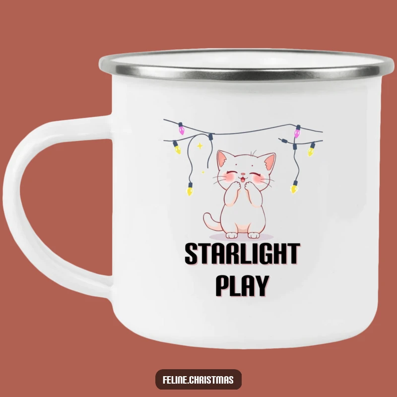 Funny White Cat Lights Camping Mug - Festive Campfire Companion