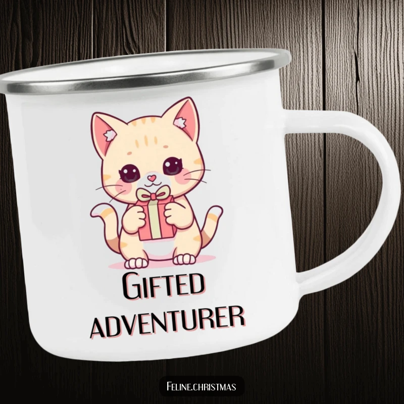 Funny Camping Mug: Kawaii cat holding a tiny gift, ready to pounce with playful excitement for outdoor adventures.