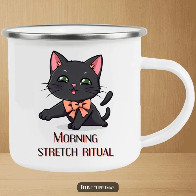 Funny black cat camping mug with a cat wearing a bow stretching playfully, ready for any outdoor journey.
