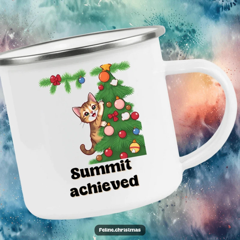Funny tabby cat with playful intent climbing a Christmas tree, on a durable camping mug for outdoor fun.