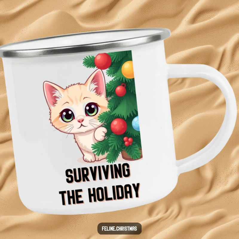 Funny Christmas camping mug with a wide-eyed cat peeking from a tree, bringing holiday cheer to outdoor activities.