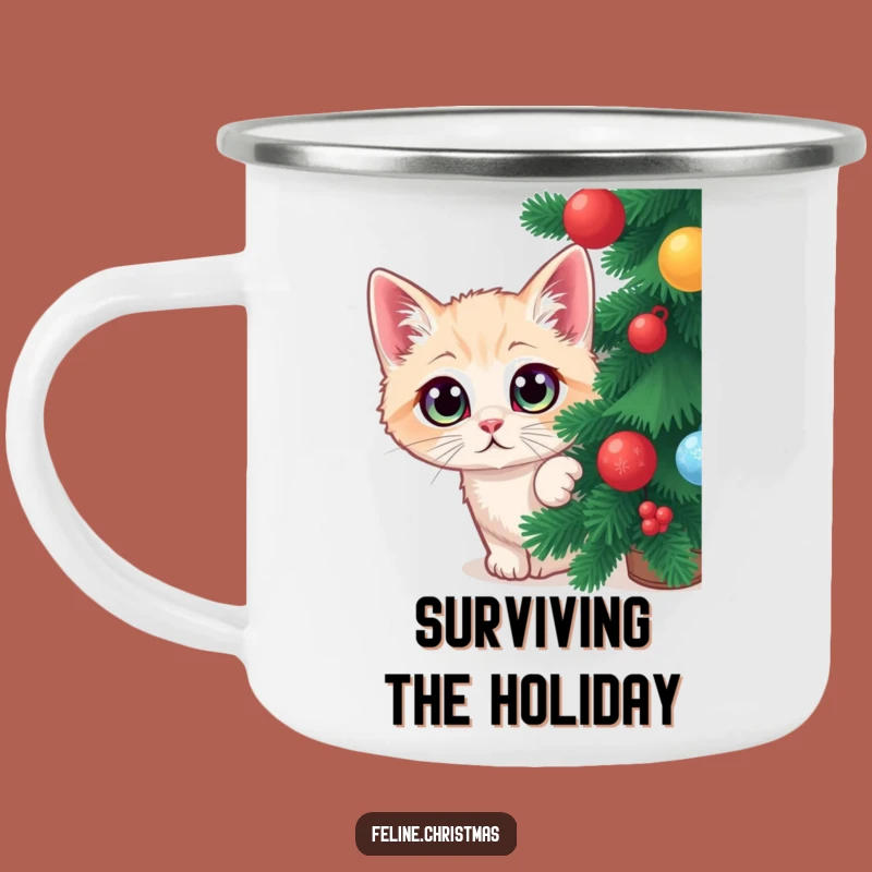 Funny Cat Christmas Camping Mug: Wide-eyed feline hiding, a hilarious outdoor gift.