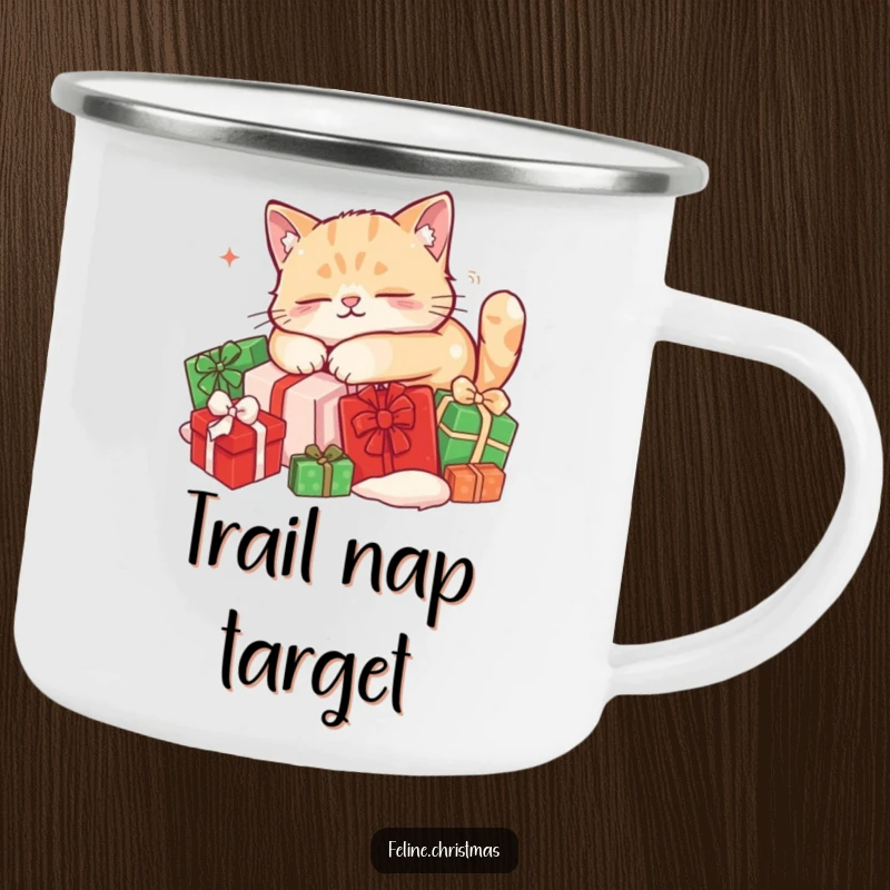 Funny cat camping mug: enamel mug with a content cat napping on festive Christmas presents, ideal for cozy outdoor moments.