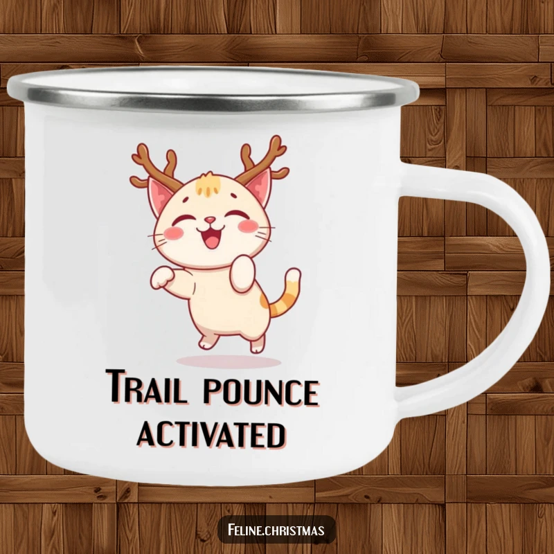 Funny camping mug with a happy cat character, festive antlers, doing a joyful pounce, for festive outdoor moments.