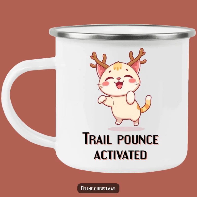 Funny Happy Cat Antlers Pounce Camping Mug - Joyful Outdoor Kitty Gift!