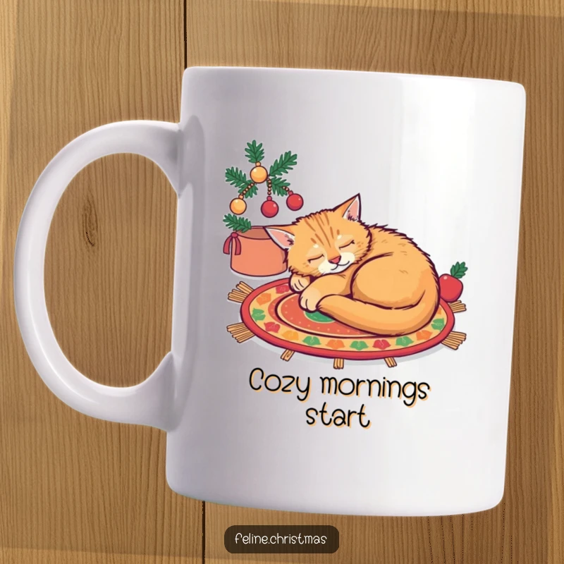 Funny ginger cat peacefully curled up asleep on a festive rug, depicted on a cozy mug.