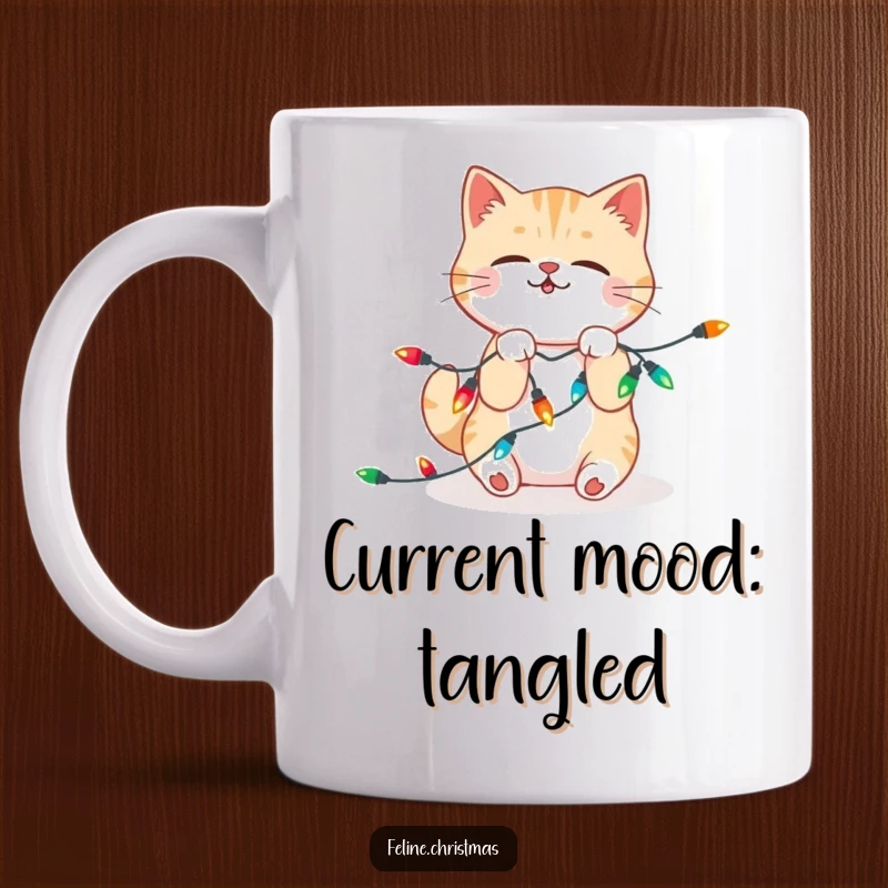 Funny Mug: Kawaii cat playfully wrestling with tangled, festive Christmas lights, spreading holiday cheer with chaotic cuteness.