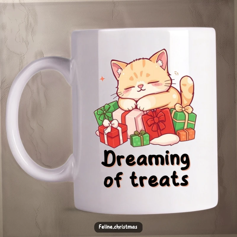 Funny cat mug: a content feline sleeps peacefully atop a soft pile of red and green Christmas presents, embodying holiday coziness.