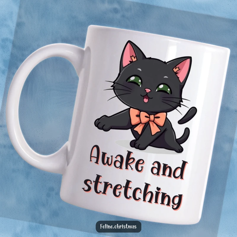 Funny black cat mug featuring a cat in a festive bow, stretching playfully with a relaxed and happy expression.