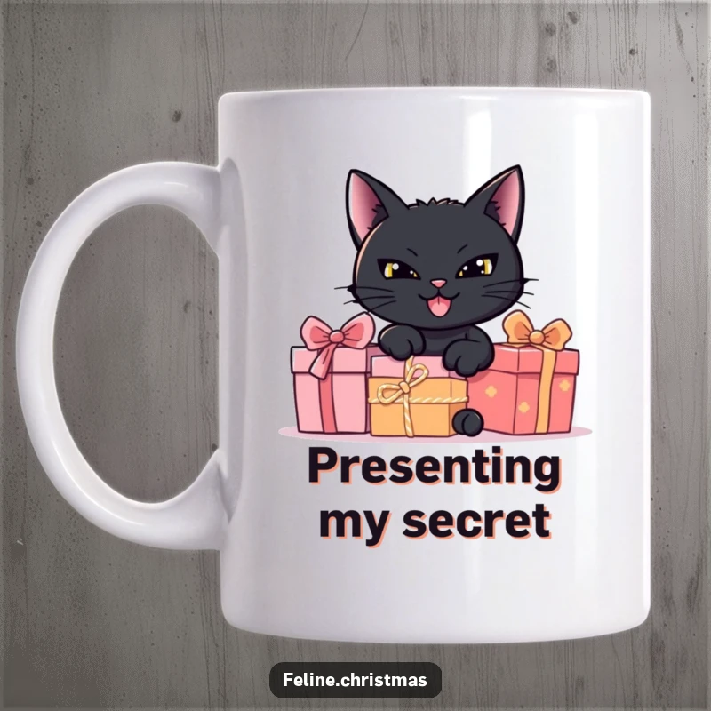 Funny black cat with a mischievous grin hiding behind festive presents, captured on a humorous mug.