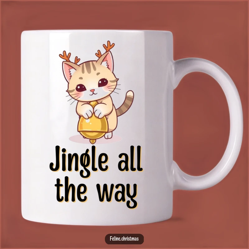 Funny Cat Antlers Mug: Playful Kitty Pouncing on Jingle Bell, Perfect Holiday Gift