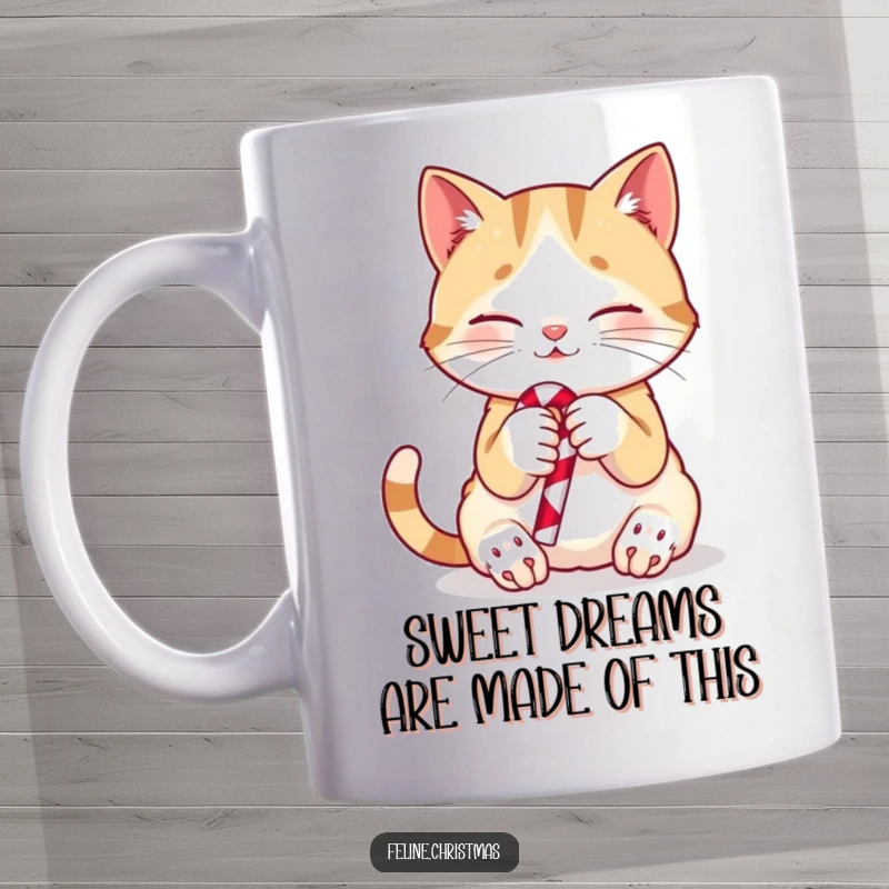 Funny cat mug with a cute kitten holding a candy cane, looking sweet and playful during the holidays.
