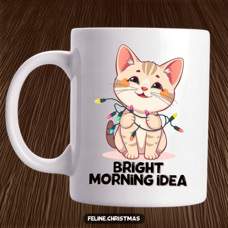 Funny cat mug: a playful kitten with perked ears is hilariously tangled in a string of colorful festive Christmas lights.