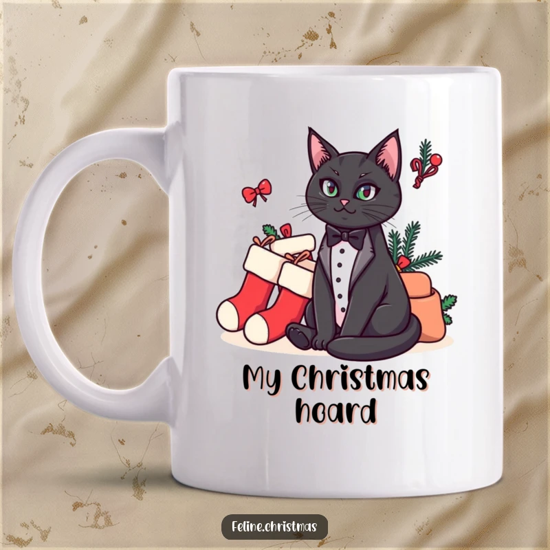 Funny mug showing a regal tuxedo cat sitting proudly beside a pile of Christmas stockings, exuding a funny, watchful demeanor.