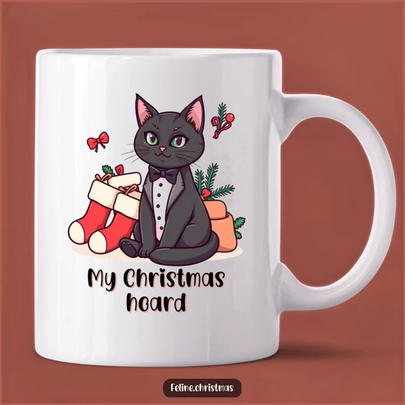 Funny Cat Mug Gift: Regal Tuxedo Cat Guarding Stockings