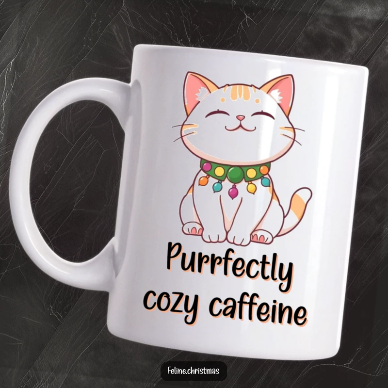 Funny Cat Stretch Mug showing a contented cat wearing a festive collar, stretching happily.