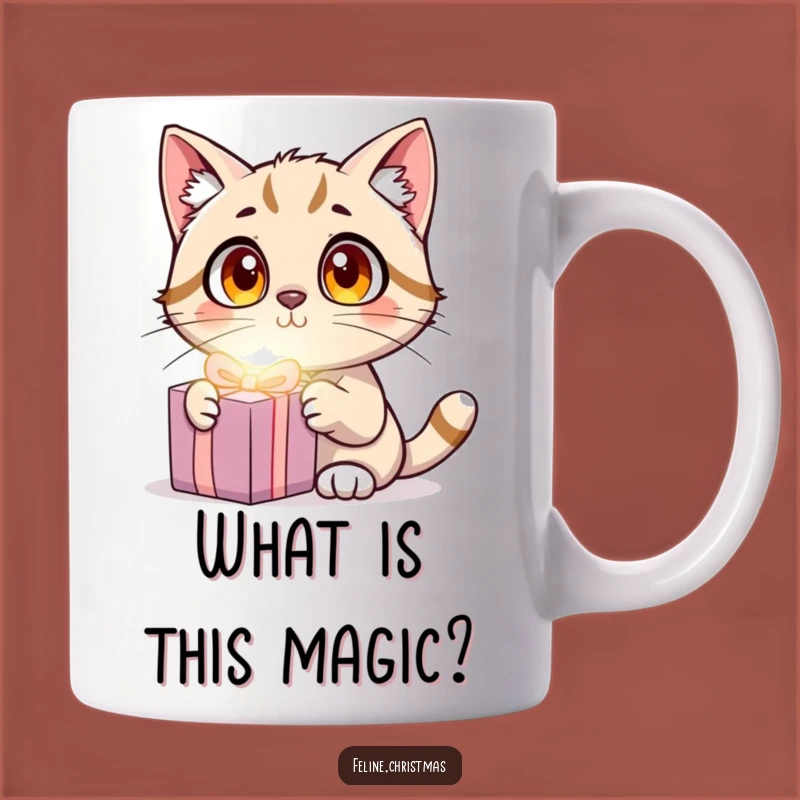 Funny Cat Surprise Mug: Wide-Eyed Kitty Shocked by Glowing Present, Perfect Gift