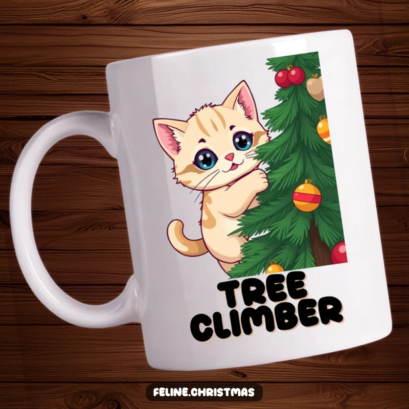 Funny Kawaii Cat Mug: A determined cat climbs a Christmas tree with wide eyes, embodying funny holiday mischief.